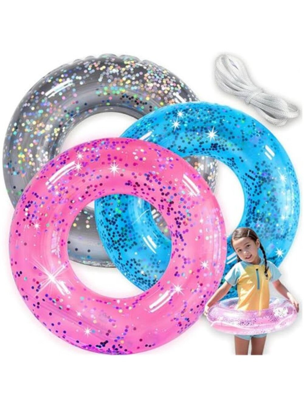 Glitter Pool Float Swim Tube Kids Inflatable Pool Rings Beach Lake Float Set